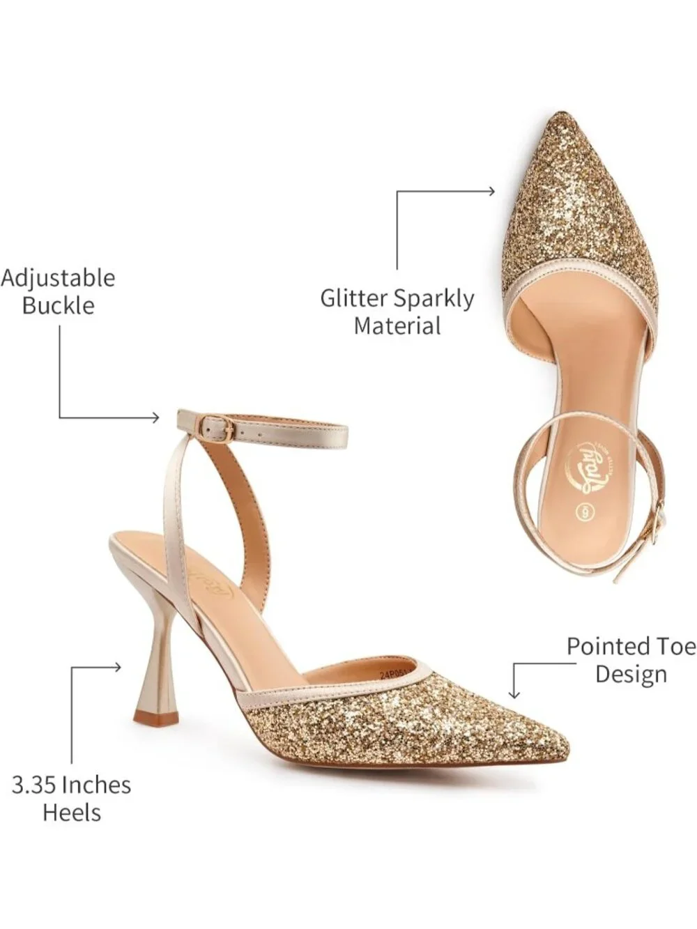 Women's Gold Slingback Pointed Toe Stiletto Heels Ankle Strap Dress Shoes